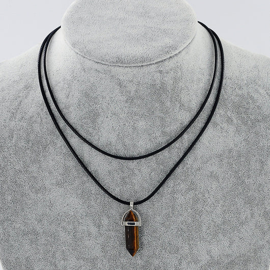 Collar Colgante de Piedra Natural con Cuerda de Cuero Doble y Cristal Hexagonal - Image 10