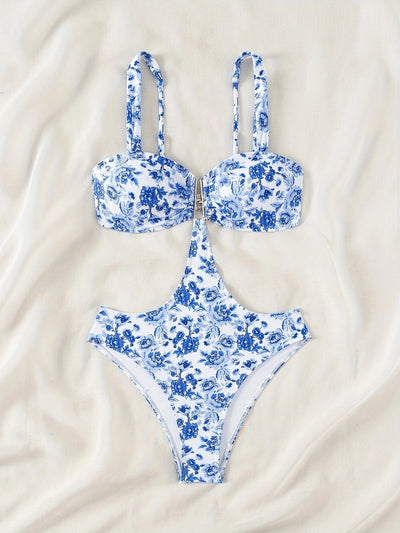 Blue and white floral one-piece swimsuit with a V-bar detail and side cut-outs, perfect for summer. - Image 22
