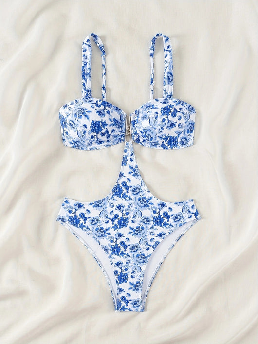 Blue and white floral one-piece swimsuit with a V-bar detail and side cut-outs, perfect for summer. - Image 22