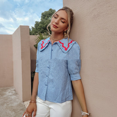 Blusa de Cuadros Contrastantes con Cuello Dulce y Manga Elegante - Image 4