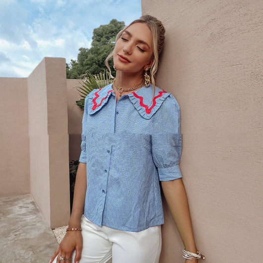 Blusa de Cuadros Contrastantes con Cuello Dulce y Manga Elegante - Image 4