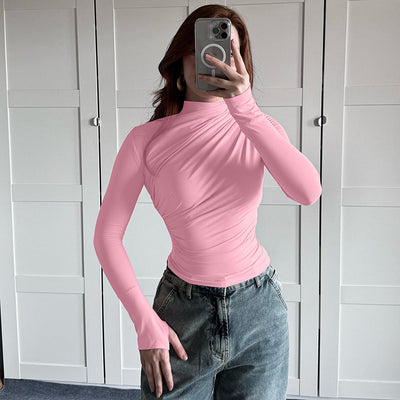 Blusa Cuello Alto Plisada Ajustada para Otoño e Invierno - Image 23