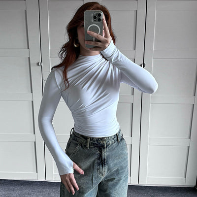 Blusa Cuello Alto Plisada Ajustada para Otoño e Invierno - Image 28