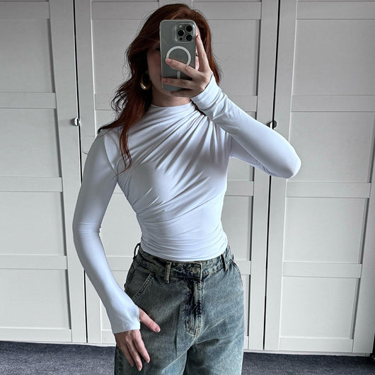 Blusa Cuello Alto Plisada Ajustada para Otoño e Invierno - Image 28