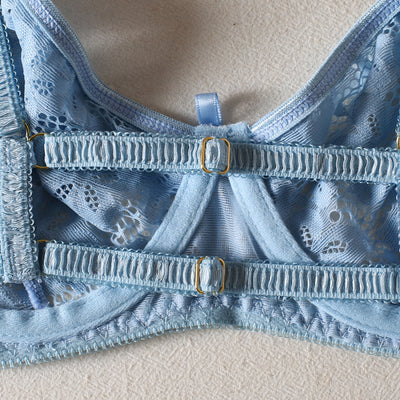 Light blue lace bralette and thong lingerie set with bow details and ruffle trim, displayed on a light surface. - Image 11