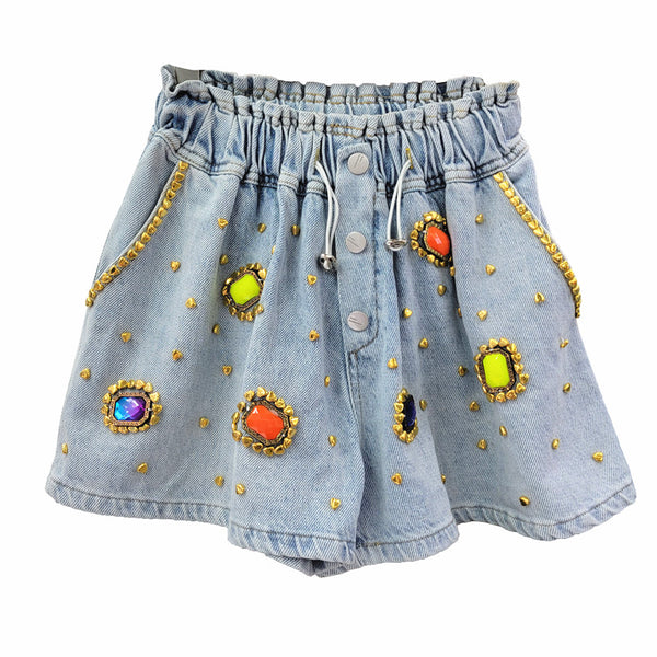 Shorts de Mezclilla Cintura Alta con Detalles de Diamantes para Mujer - Image 4