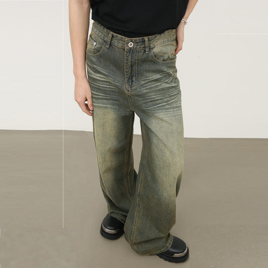 Jeans Azul Cyan Estilo Retro Americano con Desgastes para Hombre