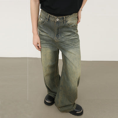 Jeans Azul Cyan Estilo Retro Americano con Desgastes para Hombre