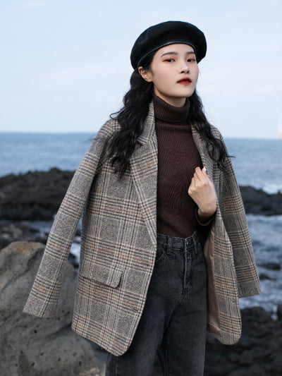 Blazer de Cuadros de Lana para Mujer - Abrigo Corto Cálido Otoño Invierno - Image 6