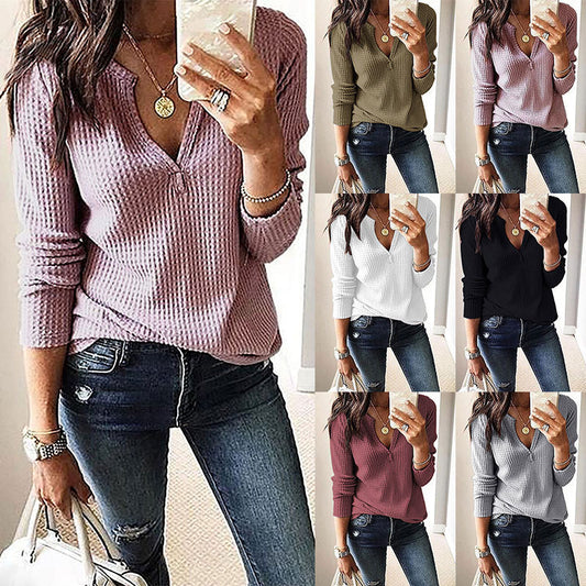 Blusa Holgada de Cuello V y Textura Waffle para Mujer