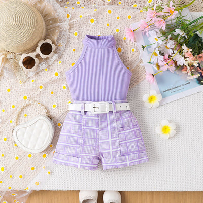 Conjunto Infantil de Shorts Estampados con Cinturón y Top Halter de Color Liso - Image 6