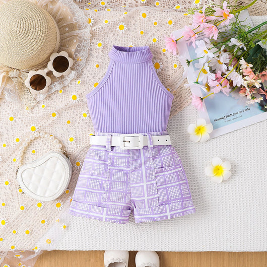 Conjunto Infantil de Shorts Estampados con Cinturón y Top Halter de Color Liso - Image 6