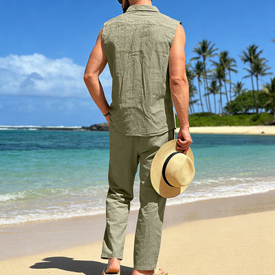 Conjunto de Lino Holgado para Hombre: Camisa sin Mangas y Pantalón Recto - Image 42