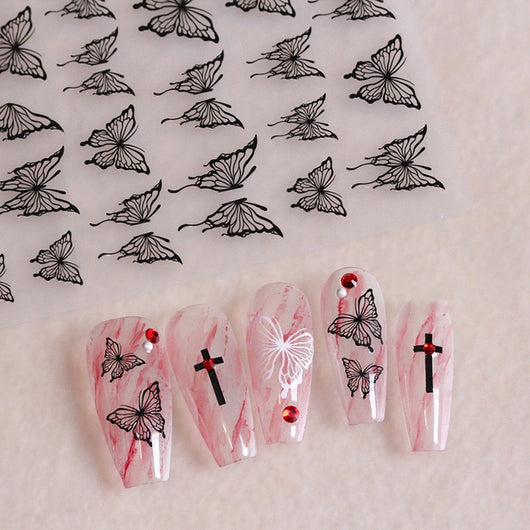 Stickers de Uñas Mariposa Rosa con Relieve Blanco y Negro - Image 25