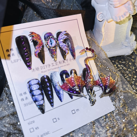 Stickers de Uñas Diseño Dragón Púrpura Artesanal Efecto 3D