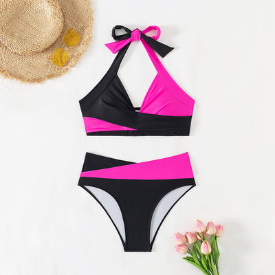 Black and white color-block halter bikini with high-waisted bottoms, modeled by a woman holding a straw hat. - Image 4