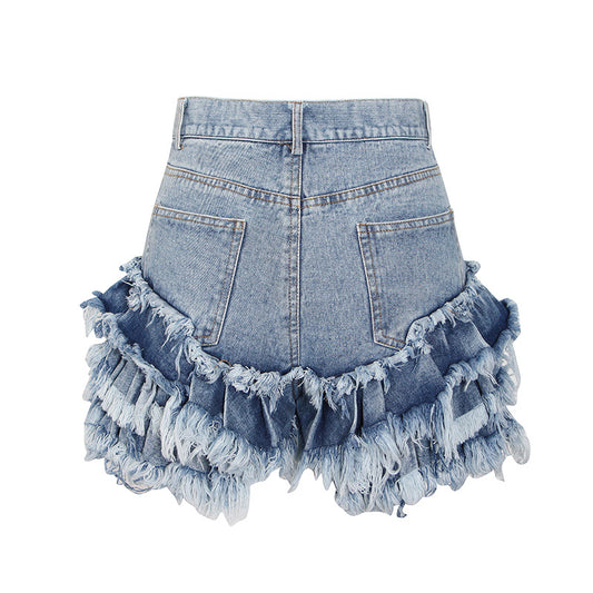 Shorts de Mezclilla Cintura Alta con Flecos y Hebilla - Estilo Sexy y Moderno
