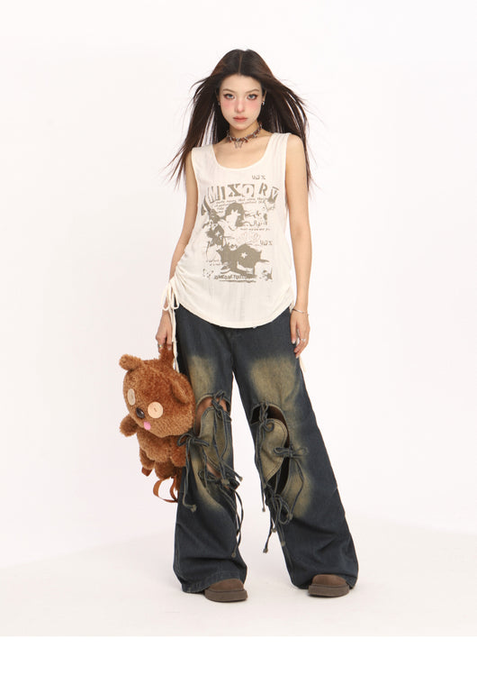 Pantalones Vaqueros Rotos con Cordones Cintura Alta Pierna Recta Mujer - Image 13