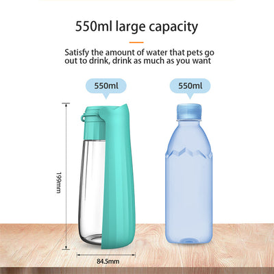 Yellow 450ml portable pet water bottle with a folding drinking trough and white wrist strap, on grass. - Image 22