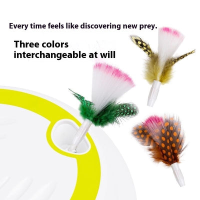 Electric cat toy with white and lime green base, feather attachment, and two replacement feather heads. - Image 3