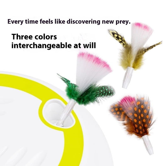 Electric cat toy with white and lime green base, feather attachment, and two replacement feather heads. - Image 3