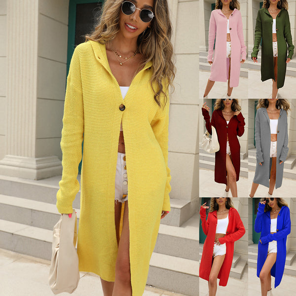 Cardigan Largo con Capucha - Suéter Tejido Mujer Manga Larga Color Sólido