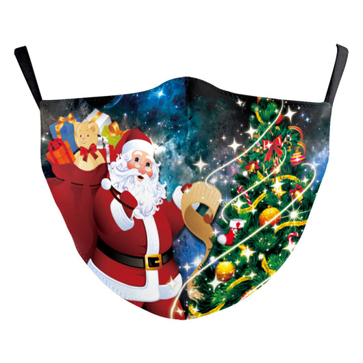 Christmas dustproof face mask with a digital print of a man's face featuring a grey beard and yellow lights. - Image 24