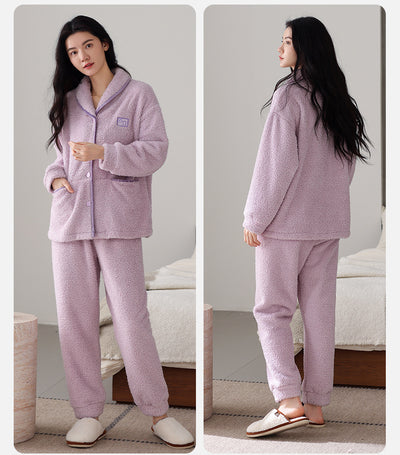 Pijama de Pareja Franela Gruesa Coral Fleece Manga Larga Abrigado - Image 24