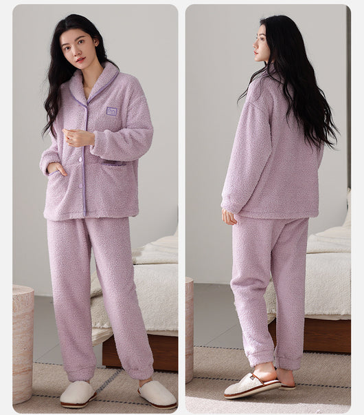 Pijama de Pareja Franela Gruesa Coral Fleece Manga Larga Abrigado - Image 24