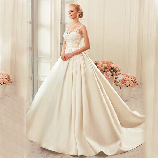 Vestido de Novia Satinado Primavera Escote Doble Ajustado Talla Grande con Soporte