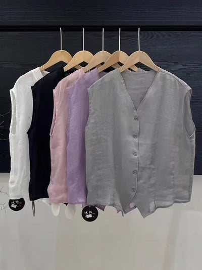 V-neck Sleeveless Solid Color Loose Cardigan Simple Single-breasted Top