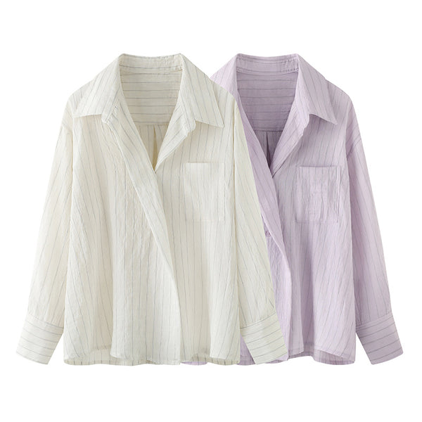 Blusa Elegante a Rayas con Bolsillos de Parche para Mujer - Colección Otoño