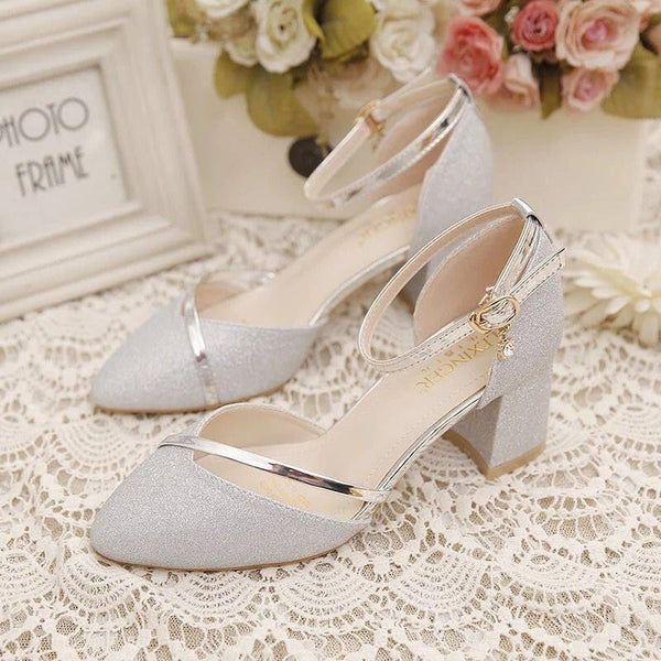 Zapatos de Novia con Lentejuelas y Tacón Grueso Ajustable