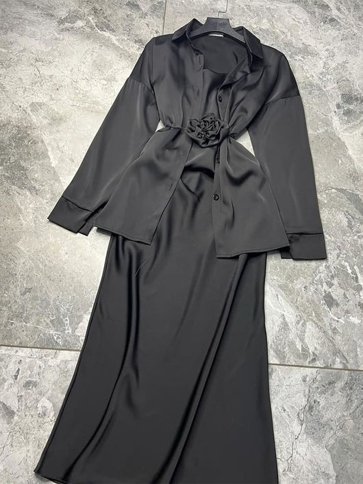 Conjunto de Falda con Tirantes de Encaje y Blusa Satinada - Image 8