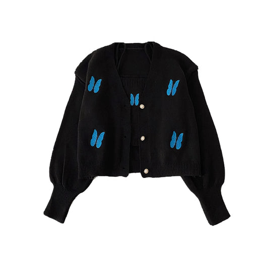 Chaleco de Punto con Bordado de Mariposa y Cardigan Manga Larga - Conjunto de Dos Piezas - Image 6