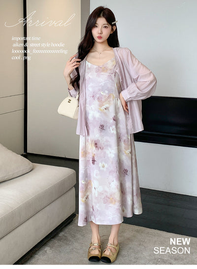 Conjunto Dos Piezas: Vestido Slip Estampado Morado con Cardigan Suave - Image 25