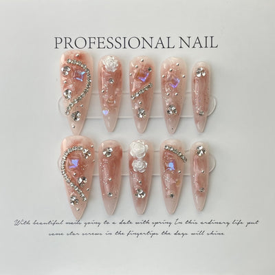 Uñas de Fotopolímero Almendra con Diamantes Completos y Diseño Camelia - Image 12