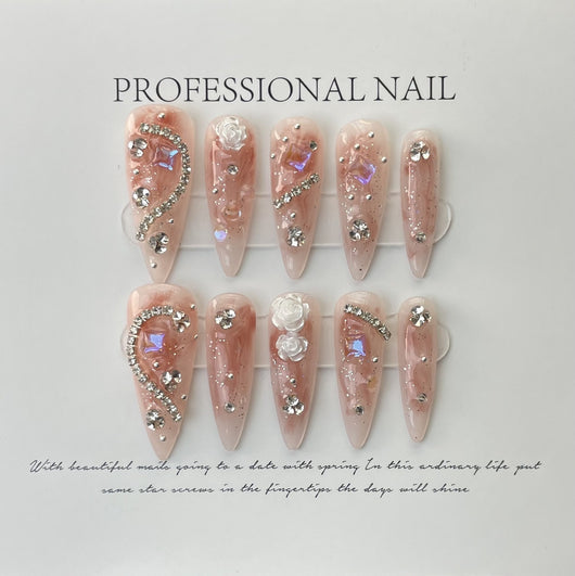 Uñas de Fotopolímero Almendra con Diamantes Completos y Diseño Camelia - Image 12