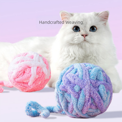 Pink and purple striped plush cat toy ball, made from chunky yarn, designed for silent play and chewing. - Image 19