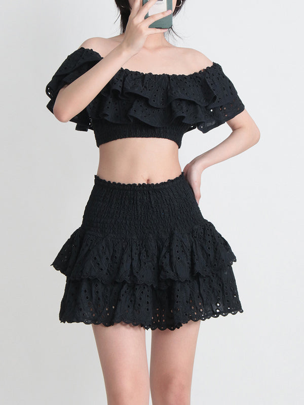 Conjunto de Playa Elegante: Blusa Corta con Cuello y Volantes + Falda Cintura Alta - Image 3