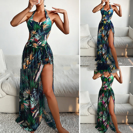 Yellow tropical print three-piece bikini set with halter top, high-waisted bottoms, and long cover-up skirt with high slit. - Image 2