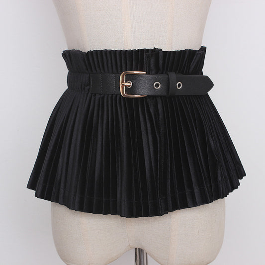 Falda Plisada Terciopelo Retro con Diseño de Hebilla Otoño-Invierno