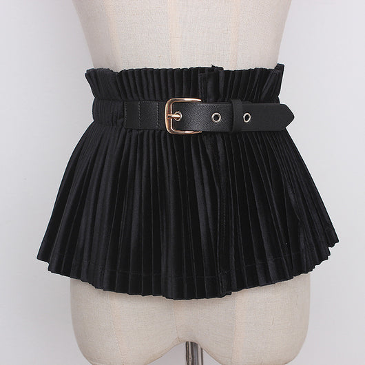 Falda Plisada Terciopelo Retro con Diseño de Hebilla Otoño-Invierno