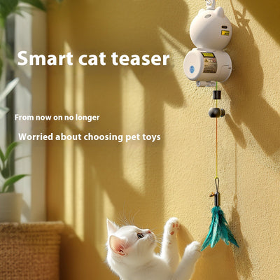 White retractable cat toy with a teal feather attachment hanging from a silver hook, designed for pet play. - Image 4