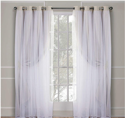 Dark blue double layer shading curtains with white sheer lace overlays, hung on a silver grommet rod. - Image 20