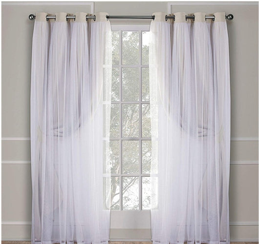 Dark blue double layer shading curtains with white sheer lace overlays, hung on a silver grommet rod. - Image 20