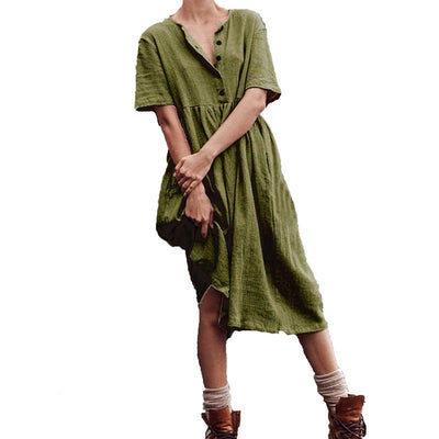 Vestido Entallado de Algodón y Lino con Manga Corta y Falda Amplia - Image 11