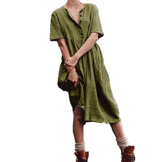 Vestido Entallado de Algodón y Lino con Manga Corta y Falda Amplia - Image 11