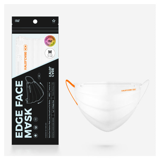 White V-shape face mask with pink ear loops, packaged in a clear and black pouch, size S, by Kalor Cvre. - Image 34