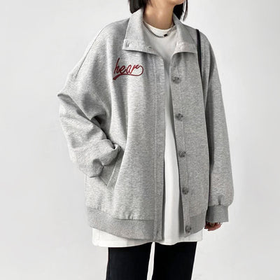 Chaqueta Casual Suelta con Cuello Alto y Letras Bordadas - Image 4